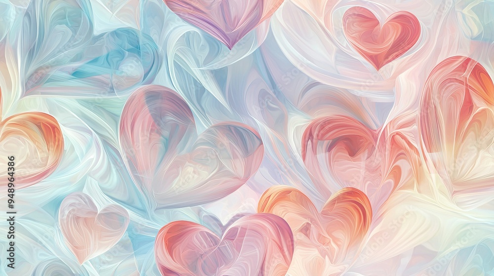 Wall mural   Blue, pink, orange, and white hearts on a white background