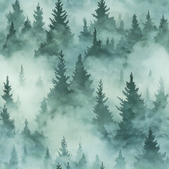 Obraz premium Misty winter forest in the fog, green color tones. Seamless pattern