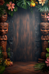 A Hawaiian tiki theme sign for a custom message or design a rustic black texture chalkboard, custom type, graphics ; a border of palm leaves, flowers and wood masks, sign, tile, vertical