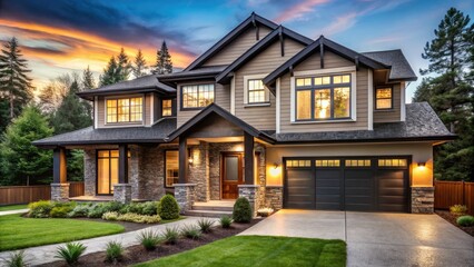 A picturesque suburban home with a unique architectural design, where one half of the house is modern and sleek, and the other half is rustic and charming.
