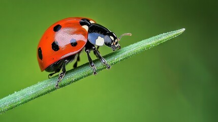 Fototapeta premium A close-up of a red and black bug on a green stem with water droplets on its back legs
