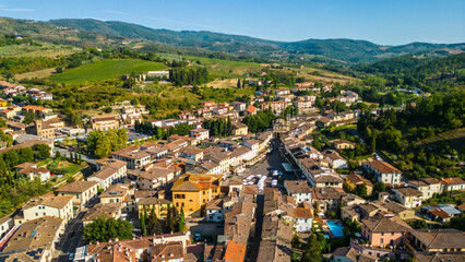  An aerial view of Greve in Chianti, a charming town in the heart of the Chianti wine region in...