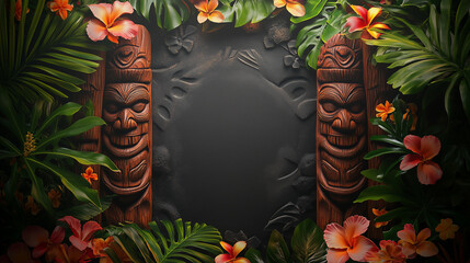 Tropical Hawaiian border, palm leaves, A dimensional, tiki-themed blank design to accept a custom message or design element ; a dark chalkboard with a tiki mask shape for luau party theme