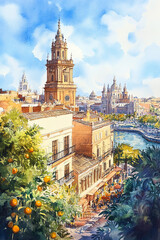 Fototapeta premium Realistic Watercolor Panorama of Seville Showcasing Its Architectural Beauty and Lively Streets 