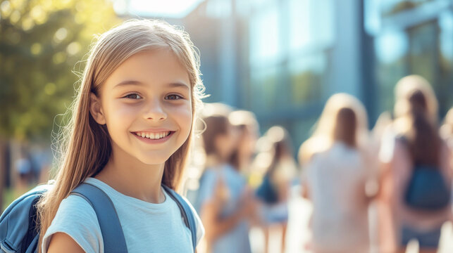 Lachendes M&auml;dchen auf dem Schulhof mit anderen Sch&uuml;lern