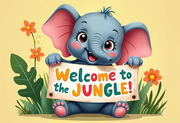 A playful baby elephant holding a banner with its trunk that says 'Welcome to the Jungle!' in colorful, bold letters.