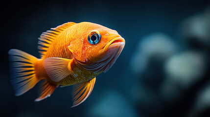 A bright orange fish with vivid colors swimming in a dark underwater environment, showcasing its intricate scales and fins.