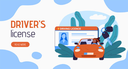 Drivers license poster. Education at driving school. Woman at car or automobile with documents. ID card for personal identification. Landing webpage design. Flat vector illustration