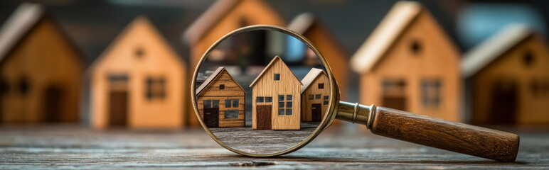 Magnifying glass focused on miniature wooden houses. Searching new house in the countryside for purchase or rent. Concept of residential real estate market.