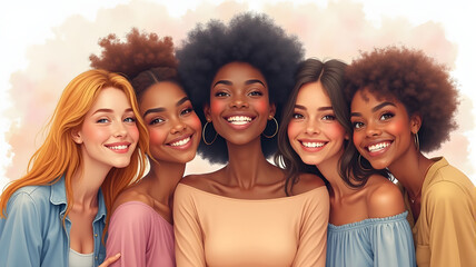 Fototapeta premium Freundschaft und Freude: Fünf Frauen in bunten Outfits