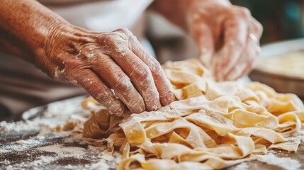 A person is kneading pasta on a table with their hands, AI