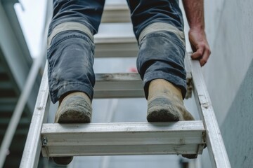 Extension Ladder Safety. Professional Builder with Metal Ladder on Indoor Stairs, Closeup