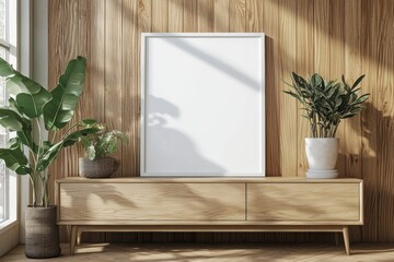 Poster Frame Mockup on Wooden Interior Background created with Generative AI