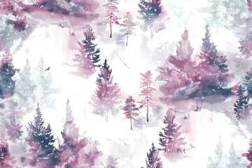 Obraz premium Seamless pattern with watercolor forest on white background