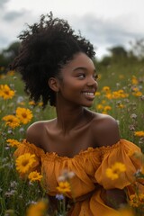 Naklejka premium Joyful Woman in Yellow Dress Surrounded by Vibrant Wildflowers