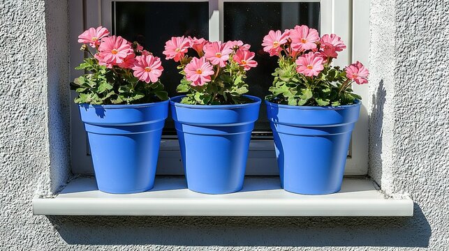   Three blue flower pots on a window sill, with pink geranias in front of a white stucco wall