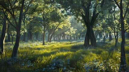 Sunlit Forest Landscape: Tranquil Green Trees and Lush Foliage