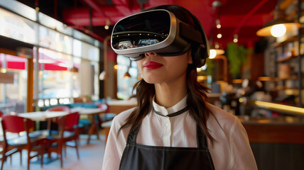 Close-up of a woman vearing a VR Virtual Reality headset with a modern restaurant in the background