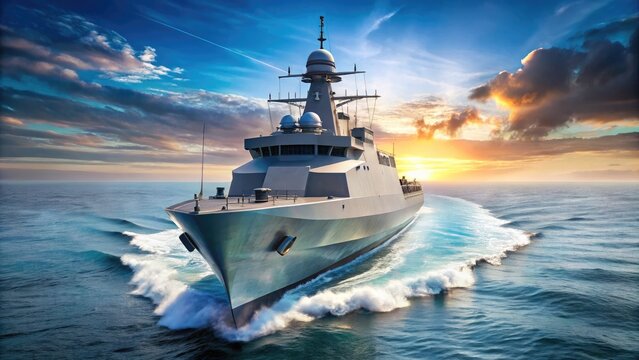 A sleek, high-tech naval warship slices through calm ocean waters, its angular grey hull and weapons array radiating power and advanced military capability.