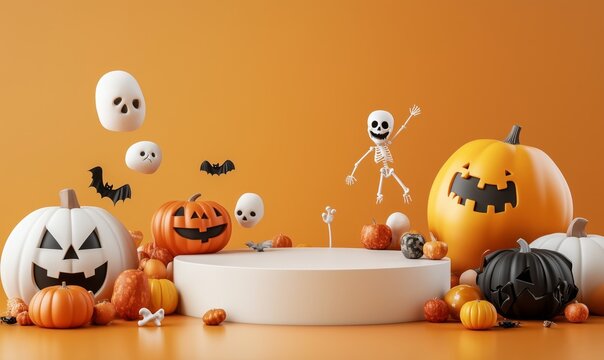 Un' accattivante scena su un podio di Halloween con zucche, scheletri e pipistrelli su uno sfondo arancione, perfetta per decorazioni autunnali.