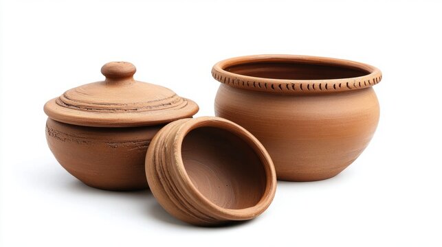 Handmade earthenware pots with cover on from clay,closeup shot on white isolated. -