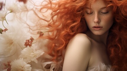 Portrait of a seductive happy young sexy redhead, a beautiful sensual ginger woman with flowers. Neural network ai generated art