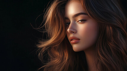 Fototapeta premium Elegant Brown-Haired Woman Showcasing Hair Care Products, Featuring Copyspace on a Dark Backdrop