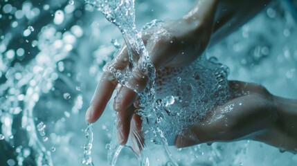 Hands gently cupping water, droplets cascading in a serene, blue environment reflecting tranquility and connection with nature