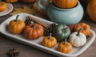 Autumn composition: Miniature pumpkins of different colors in autumn decor - the beauty and comfort of autumn days