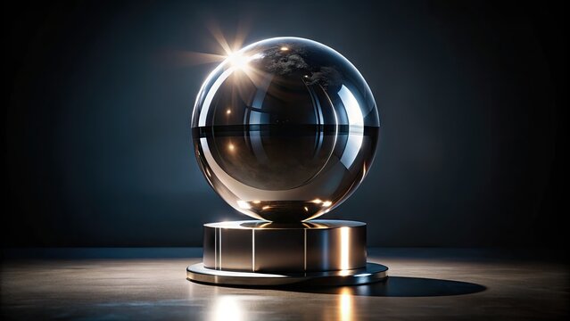 A solitary, highly reflective iron sphere sits atop a transparent glass pedestal, dramatically lit against a stark black background, accentuating its metallic sheen.