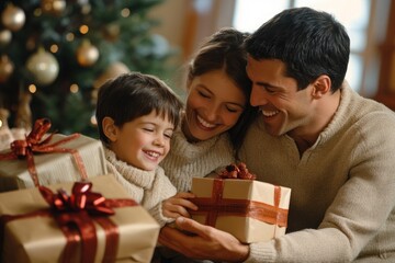 A joyful and happy caucasian family is delightfully embracing the holiday season, surrounded by gifts and love for each other