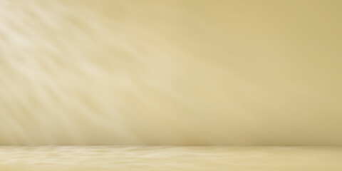 Beige minimalist studio for product presentation. Empty room with shadows of palm leaves. 3d room background with copy space. 3d render illustration