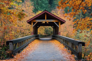 Obraz premium Sweet Home Oregon. Autumn Colors on Covered Bridge in Cascade Forest