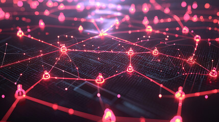 A 3D financial technology network with animated tech nodes, representing the interconnected and innovative landscape of financial technologies 