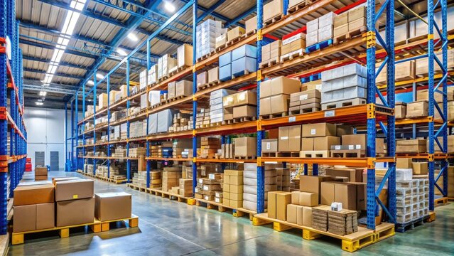 Assorted boxes and containers stacked on warehouse shelves, containing various retail products, including electronics, cosmetics, and household items, ready for bulk distribution.