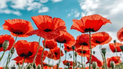 Obraz premium A field full of red flowers under a blue sky, with white clouds in the middle of the picture