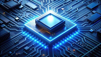 A stylized, 3D, blue memory chip icon with intricate circuits, surrounded by light, floating above a sleek, dark computer motherboard with glowing blue accents.