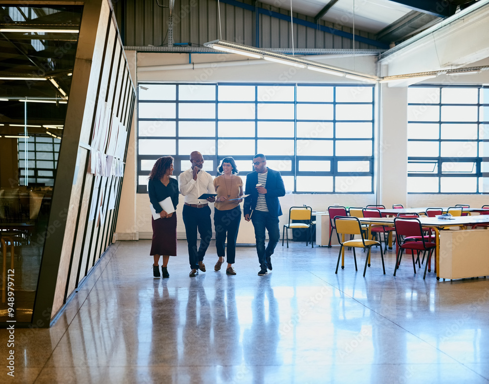 Poster Business team, walking and discussion in office for collaboration, research or people planning project. Startup, tech and creative agency with digital company partnership in workplace for media