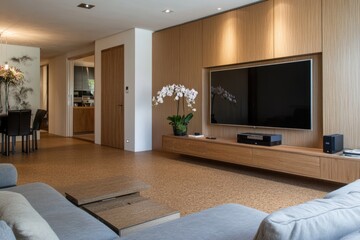 Cork Floor Apartment. Modern Living Room with Large Television and Contemporary Design