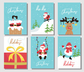 Fototapeta premium Set of 6 Vector Merry Christmas and Happy Holidays greeting card set with cute Santa Claus, deer and snowman.