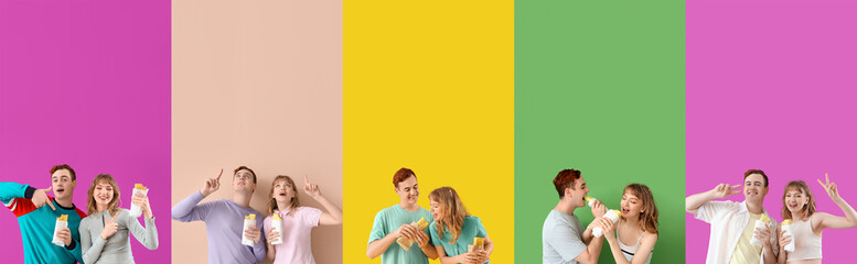 Set of young couple eating tasty sandwich wraps on color background