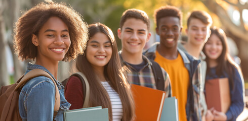 Group of high school students standing together outdoors with books