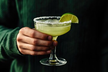 National Tequila Day. Gatsby Party with Margarita Cocktail in Young Man's Hand
