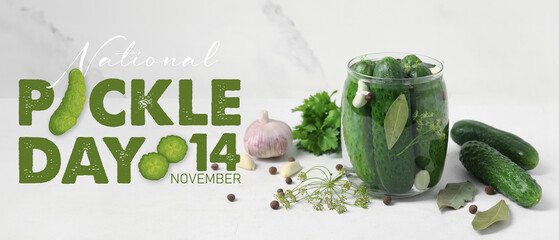 Jar with fresh cucumbers for preservation on table