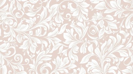   A beige and white floral wallpaper with leaves and swirls on a light pink background