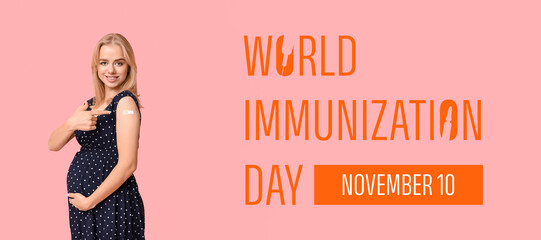 Beautiful young pregnant woman pointing at applied medical patch on pink background