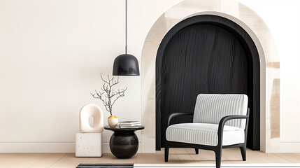 Chair in modern interior with home decor and stylish lamp