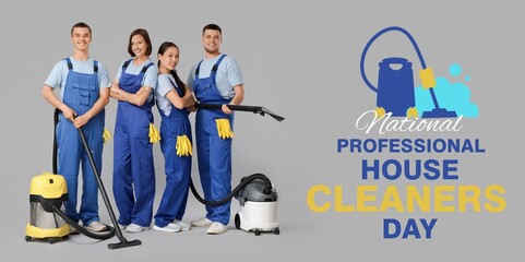 Banner for National Professional House Cleaners Day with group of janitors