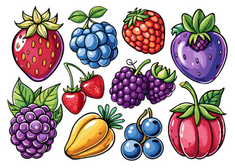 Berrylicious: A vibrant collection of colorful berries, including strawberries, blueberries, blackberries, raspberries, and more, drawn in a cartoon style. Perfect for summer, food, and nature themes.