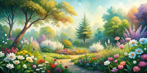 blooming garden vector background with soft watercolor style and calming natural color palette for serene outdoor concept